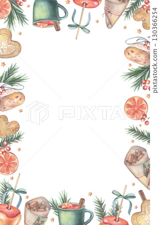 Vertical frame with festive food: stollen, mulled wine, caramel apples, almonds. Hand-painted watercolor illustration isolated on white for card, invitations, packaging, menus, textiles, holiday decor 130366254