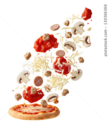 The delicious ingredients of the pizza float above the base, demonstrating freshness and dynamism. The image is ideal for menus, advertising, and website design. 130366369