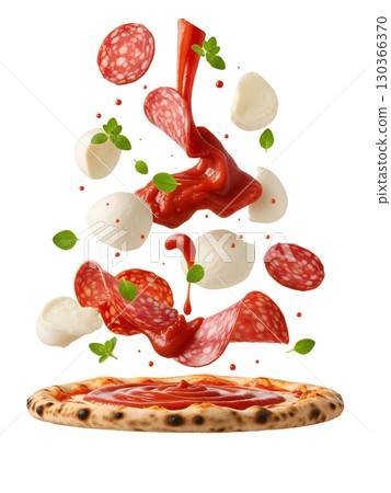 The delicious ingredients of the pizza float above the base, demonstrating freshness and dynamism. The image is ideal for menus, advertising, and website design. The delicious ingredients of the pizza float above the base, demonstrating freshness and dynamism. The image is ideal for menus, advertising, and website design. 130366370