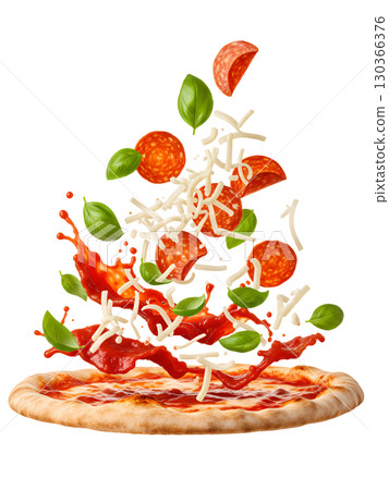 The delicious ingredients of the pizza float above the base, demonstrating freshness and dynamism. The image is ideal for menus, advertising, and website design. The delicious ingredients of the pizza float above the base, demonstrating freshness and dynamism. The image is ideal for menus, advertising, and website design. 130366376