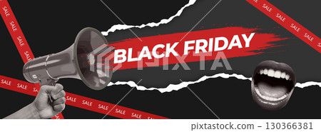 Collage of Black Friday sale announcement with a megaphone and bold typography. Vector illustration Collage of Black Friday sale announcement with a megaphone and bold typography. Vector illustration 130366381