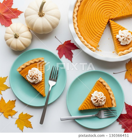 Pumpkin Pie with maple leaves, top view. Autumn pastry for Thanksgiving 130366451