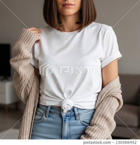 woman wearing blank white t-shirt in relax pose woman wearing blank white t-shirt in relax pose 130366452