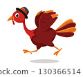Turkey bird in hat running on a white background. Thanksgiving day 130366514