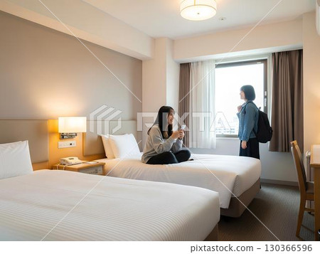 Female friends staying in a hotel twin room 130366596