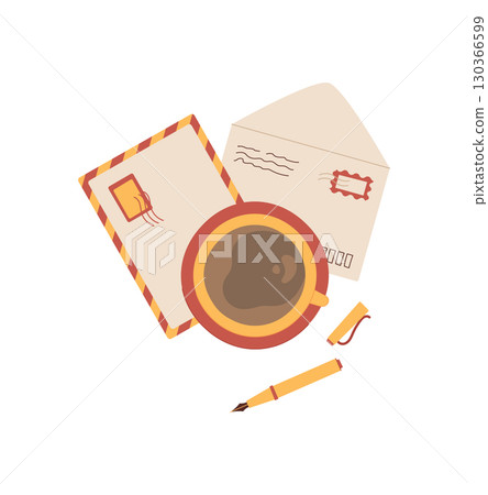 Flat coffee letter, postcard, envelope and note compositions on the table. Creative stationery design for mail communication, suitable for invitations or love notes. Flat coffee letter, postcard, envelope and note compositions on the table. Creative stationery design for mail communication, suitable for invitations or love notes. 130366599