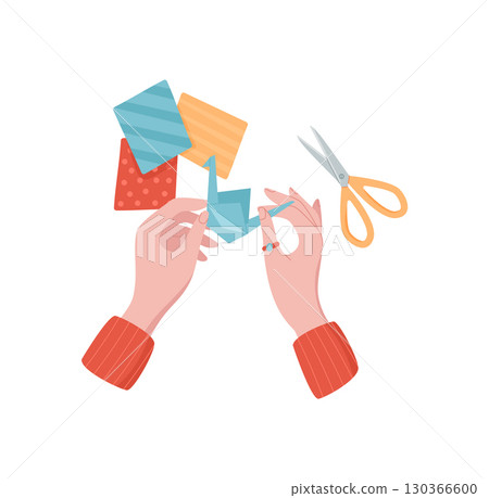 Hands working with colorful paper and scissors to create origami figures. Engaging activity for children, emphasizing DIY craftwork and creativity. Concept of fun, art, workshop activities. Hands working with colorful paper and scissors to create origami figures. Engaging activity for children, emphasizing DIY craftwork and creativity. Concept of fun, art, workshop activities. 130366600
