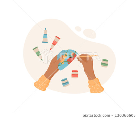 Hands create colorful art using various tools in a craft activity. Engaging DIY project for children and adults. Concept of creativity, fun, and artistic expression. Hands create colorful art using various tools in a craft activity. Engaging DIY project for children and adults. Concept of creativity, fun, and artistic expression. 130366603