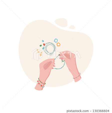 Woman's hands create a handmade bracelet using colorful beads and tools. DIY craft activity showcases hobby and creativity. Concept of craftwork, flat style, suitable for workshops or classes. Woman's hands create a handmade bracelet using colorful beads and tools. DIY craft activity showcases hobby and creativity. Concept of craftwork, flat style, suitable for workshops or classes. 130366604