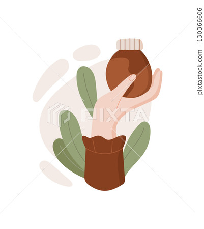 Hand holding a jar of organic lotion, showcasing beauty and cosmetic products. Concept of spa and bodycare, flat graphic style, suitable for skincare branding advertising. Hand holding a jar of organic lotion, showcasing beauty and cosmetic products. Concept of spa and bodycare, flat graphic style, suitable for skincare branding advertising. 130366606