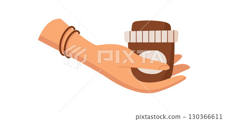 Minimal natural hygiene oil bottle in hand, organic cleansing cosmetic product jar, cartoon eco beauty lotion pack, trendy antiaging hair care cream tube, vector illustration. 130366611