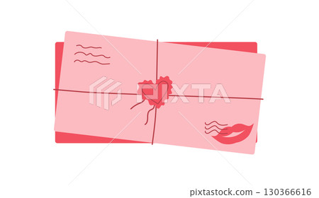 Flat valentine card with heart and love message, surrounded by envelope and mail detail. Cute design for romantic celebration, greeting or invitation. Perfect for sending love notes or letters. 130366616