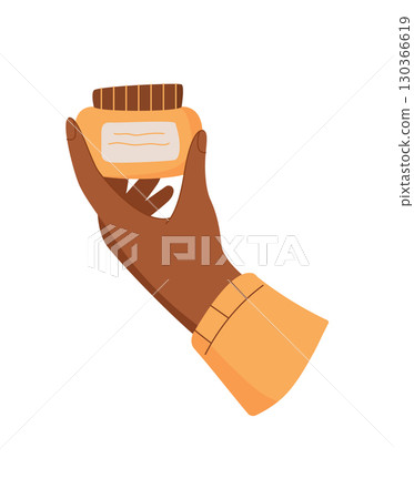 Isolated moisturizing makeup product jar in hand, colorful cartoon skincare cream pack, flat trendy cosmetic lotion bottle, antiaging cleansing hair care shampoo tube, vector illustration. 130366619