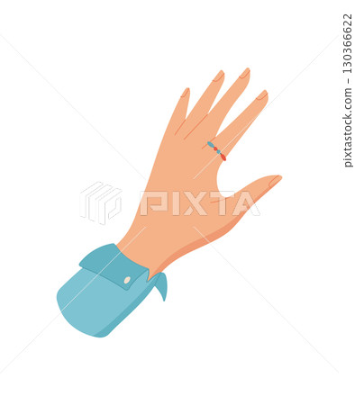 Woman hand with beads ring. DIY craft activity showcases creative expression. Concept of hobby, craftwork, and handmade artistry in flat style. 130366622