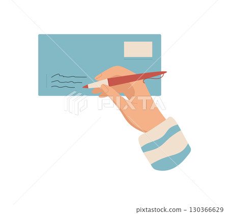 Hand holding a pen, writing a letter on an envelope. Flat style design of mail, note, and message with creative elements. Concept of correspondence, suitable for stationery or greeting card themes. Hand holding a pen, writing a letter on an envelope. Flat style design of mail, note, and message with creative elements. Concept of correspondence, suitable for stationery or greeting card themes. 130366629