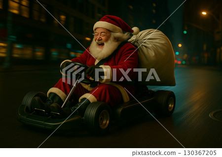 Santa Claus racing through the city at night in a racing kart 130367205