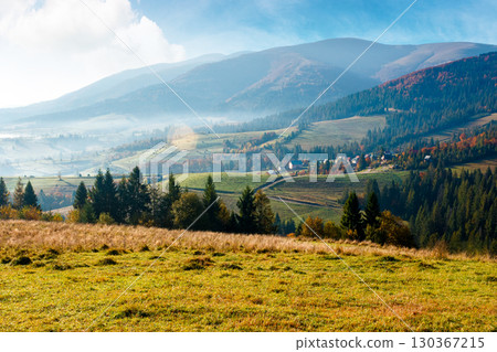 rural area of carpathian mountains in autumn. wonderful highland of ukraine in morning light observed from the hillside. meadows on rolling hills near spruce forest. transcarpathia travel destination rural area of carpathian mountains in autumn. wonderful highland of ukraine in morning light observed from the hillside. meadows on rolling hills near spruce forest. transcarpathia travel destination 130367215