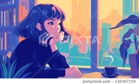 A 1980s city pop style illustration of a woman gazing wistfully out the window at dusk, in retro colors 130367250