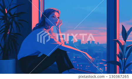 A city pop illustration with a 1980s urban vibe, depicting a woman gazing out the window at dusk. 130367265