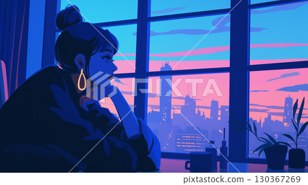 A city pop illustration with a 1980s urban vibe, depicting a woman gazing out the window at dusk. 130367269
