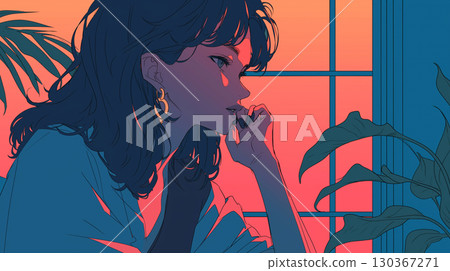 A woman standing by a window and a setting sun, inspired by 1980s city pop and retro aesthetics 130367271