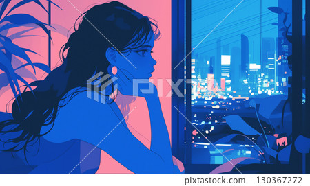 A woman standing by a window and a setting sun, inspired by 1980s city pop and retro aesthetics A woman standing by a window and a setting sun, inspired by 1980s city pop and retro aesthetics 130367272
