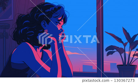 A woman standing by a window and a setting sun, inspired by 1980s city pop and retro aesthetics 130367273