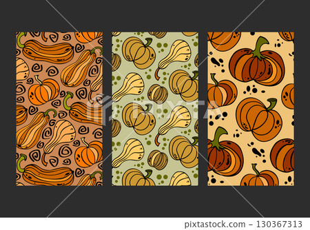 Vector autumn pattern collection with different pumpkins, squashes and zucchini for decoration and printing of clothes, wallpaper, packaging design. Vintage ornaments with vegetables, zigzags, spots. Vector autumn pattern collection with different pumpkins, squashes and zucchini for decoration and printing of clothes, wallpaper, packaging design. Vintage ornaments with vegetables, zigzags, spots. 130367313