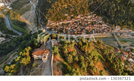 Drone Landscape of Berat Castle on Forested Hill 130367321