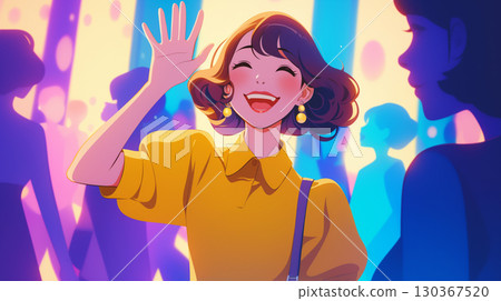 一個充滿復古色彩和美學的世界，讓人想起 20 世紀 80 年代的城市流行音樂，其中一位女士面帶微笑地與某人打招呼。 130367520