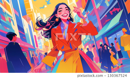 受復古美學和城市流行音樂啟發的 1980 年代風格插圖，描繪了一位女性興高采烈地向某人打招呼的場景。 130367524