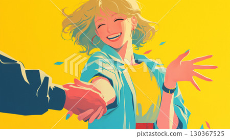 受復古美學和城市流行音樂啟發的 1980 年代風格插圖，描繪了一位女性興高采烈地向某人打招呼的場景。 130367525