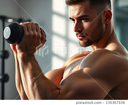 Focused muscular man lifting dumbbell in gym, strength training workout, close-up illustration 130367836