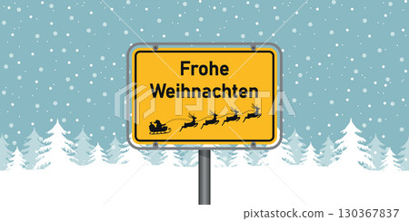 place sign with german text merry christmas in snowy winter landscape vector illustration 130367837