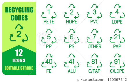 Recycling Codes Line Icon Set. 12 Editable Stroke Designs. Thin Line Collection Includes PET, HDPE, PVC, LDPE, PP, ALU And Other Material Symbols. Perfect For Eco-Friendly Projects. Isolated Vector Recycling Codes Line Icon Set. 12 Editable Stroke Designs. Thin Line Collection Includes PET, HDPE, PVC, LDPE, PP, ALU And Other Material Symbols. Perfect For Eco-Friendly Projects. Isolated Vector 130367842