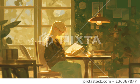 一幅精美的插畫，描繪了一位女士坐在咖啡館的椅子上，悠閒地閱讀書籍。輕鬆的表情，寧靜的氛圍。 130367877