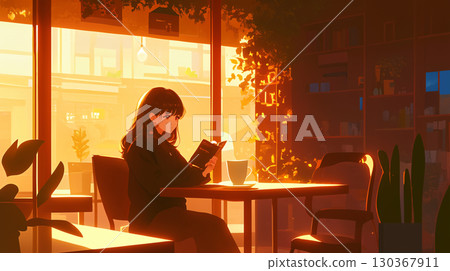 An illustration of a woman reading a book in a cafe. She is sitting in a chair with a relaxed expression, spending time in a dreamlike state. 130367911