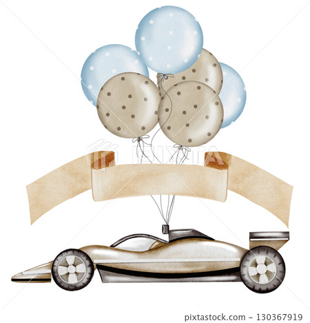 Race car watercolor illustration. Race car in pastel colors with balloons and with the inscription happy birthday on a white background. Ideal for children's textiles, stickers and baby shower design Race car watercolor illustration. Race car in pastel colors with balloons and with the inscription happy birthday on a white background. Ideal for children's textiles, stickers and baby shower design 130367919