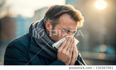 Man Sneezing Outdoors in Cold Weather with Tissue Man Sneezing Outdoors in Cold Weather with Tissue 130367991