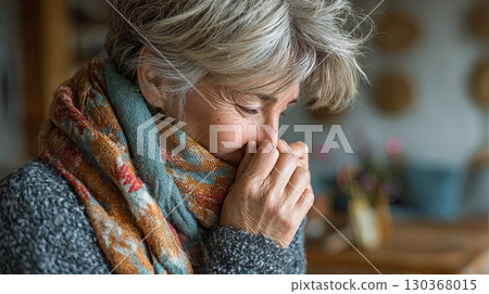 Woman Bundled in Cozy Scarf at Home 130368015