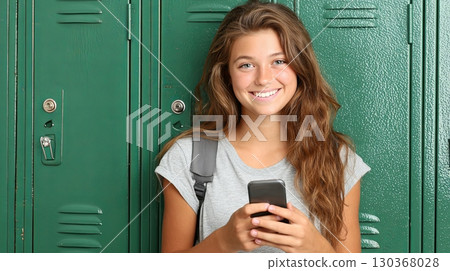 Smiling Teen Girl Using Smartphone by School Lockers 130368028
