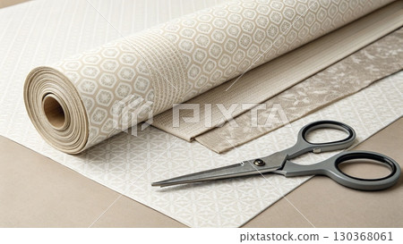Elegant Neutral Wallpaper with Scissors on Table Elegant Neutral Wallpaper with Scissors on Table 130368061