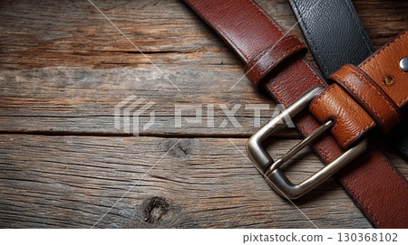 Leather Belts on Rustic Wooden Background 130368102