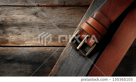 Rustic Leather Belt on Wooden Background 130368103