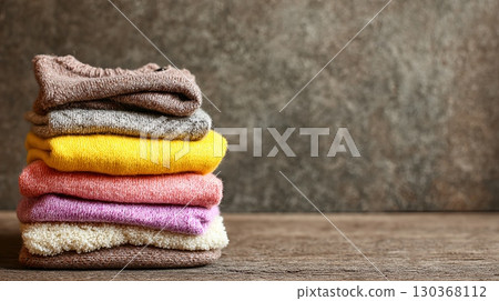 Colorful Stack of Cozy Knitted Sweaters on Wooden Table 130368112