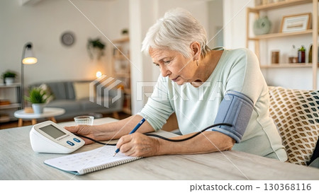 Senior Woman Monitoring Pressure at Home Senior Woman Monitoring Pressure at Home 130368116