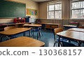A cozy, empty elementary school classroom with wooden desks, large windows, and children's drawings on the walls, bathed in natural daylight. The concept of the beginning of the school year. 130368157