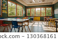 A cozy, empty elementary school classroom with wooden desks, large windows, and children's drawings on the walls, bathed in natural daylight. The concept of the beginning of the school year. 130368161