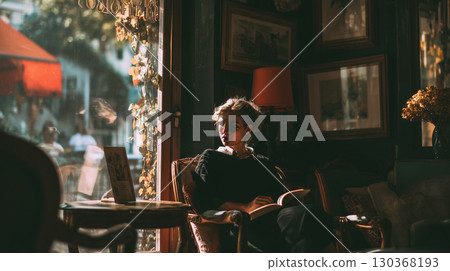 一張照片中，一位女士坐在燈光柔和的咖啡館椅子上看書。她的表情很放鬆，給人一種夢幻的感覺。 130368193