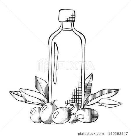 Hand-drawn olive oil bottle with berries and leaves composition. Vector graphic line ink Black and white illustration. Extra virgin olive oil. Vintage style. Sample poster, holiday banner, postcard. Hand-drawn olive oil bottle with berries and leaves composition. Vector graphic line ink Black and white illustration. Extra virgin olive oil. Vintage style. Sample poster, holiday banner, postcard. 130368247